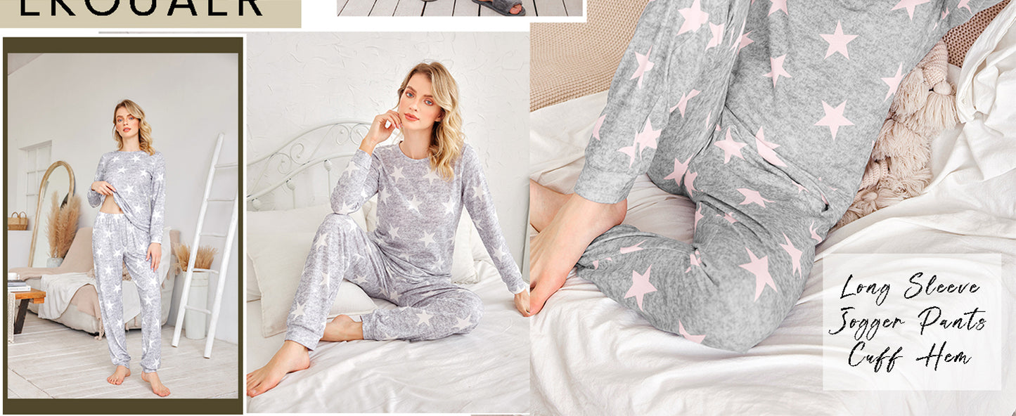 Ekouaer Womens Jogger Pajama Sets Long Sleeve Sleepwear Round Neck Nightwear Soft Pjs Lounge Sets with Pockets