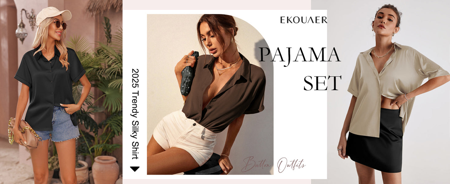 Ekouaer Silk Pajamas for Women Short Sleeve Satin Pajama Set 2 Piece Button Down Loungewear