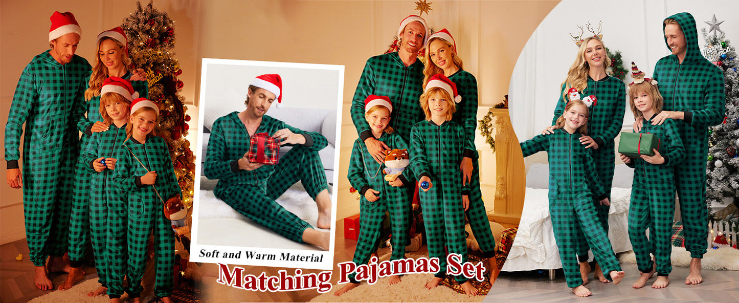 Ekouaer Christmas Onesie Matching Family Fleece Hooded One Piece Zipper Long Sleeve Pajamas with Pockets