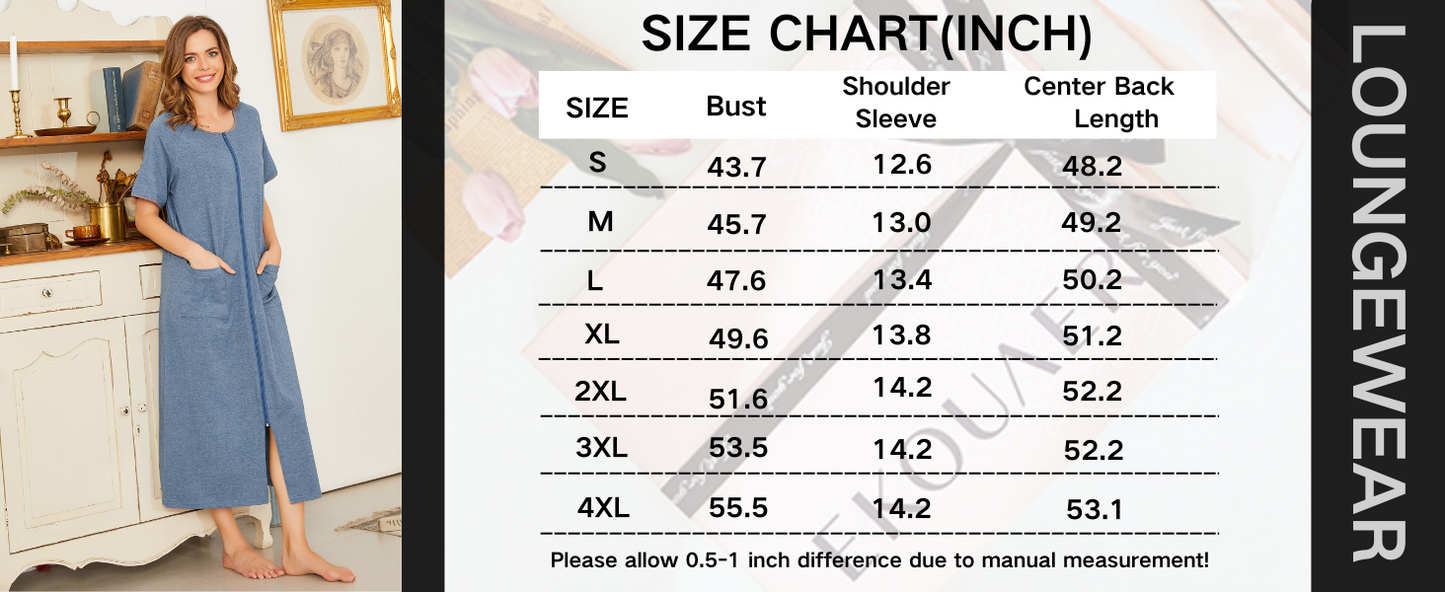 Ekouaer Women Robes Zipper Front Short Sleeve Full Length Housecoat with Pockets Loungewear