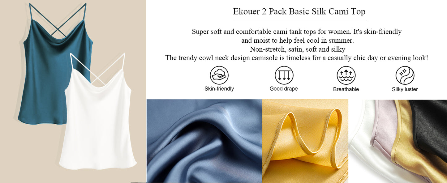 Ekouaer Satin Cowl Neck Tank Top Women Camisole Silky Loose Sleeveless Basic Blouse Ladies Satin Tank Shirt