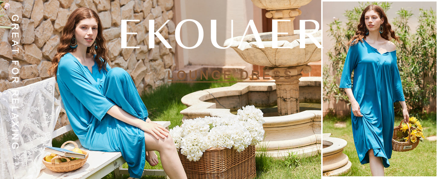 Ekouaer Long Nightgown for Women 3/4 Sleeves Nightshirt Maxi Sleep Dress Loungewear Full Length Sleepwear