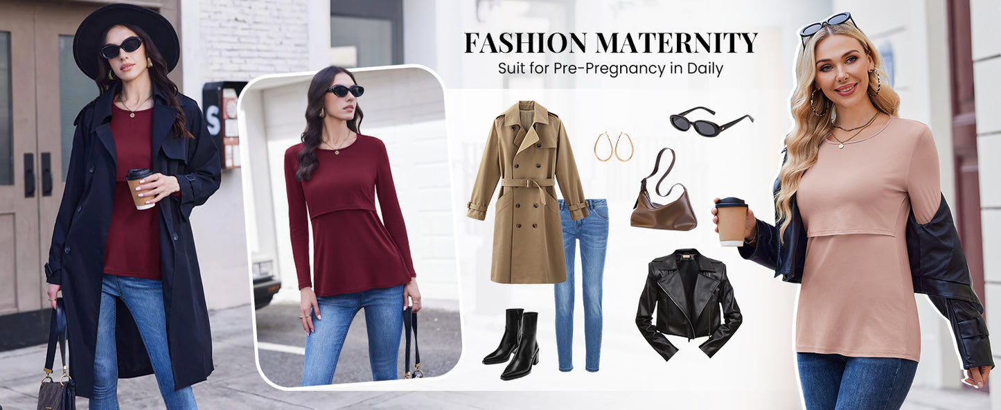 Ekouaer Women 3 Packs Nursing Shirts Long Sleeve Breastfeeding Tops Round Neck Postpartum Clothes Double Layer Maternity Tee