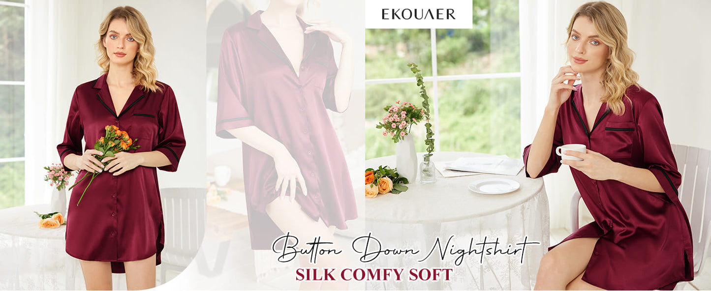 Ekouaer Women's Satin Nightshirt Button Down Nightgown 3/4 Sleeve Sleeptshirt with Pockets V Neck Boyfriend Sleepwear