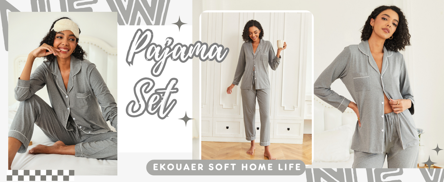 Ekouaer Womens Pajamas Set 2 Piece Button Down Pjs Soft Long Sleeve Top and Pants Sleepwear Set Lounge Sets