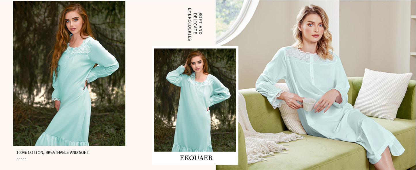 Ekouaer Victorian Nightgown 100% Cotton Long Sleeve Vintage Old Fashioned Gown for Women