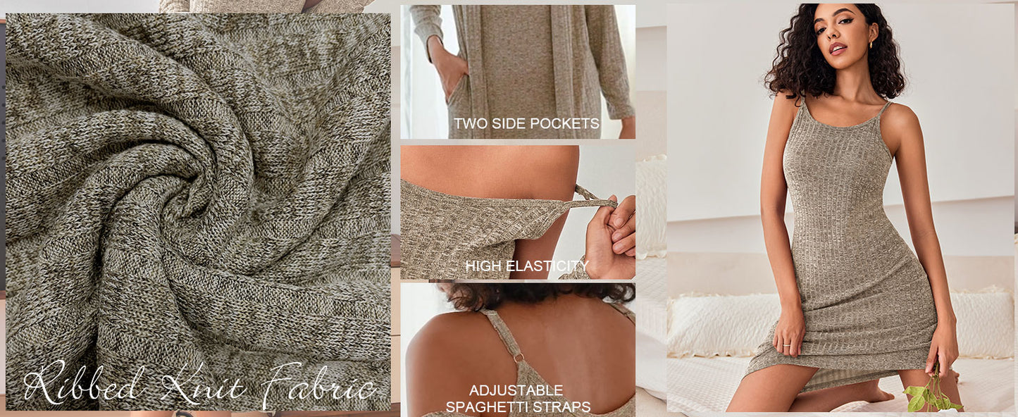 Ekouaer Womens Knit Robe Set 2 Piece Nightgown with Robes Long Sleeves Lounge Sets with Pockets