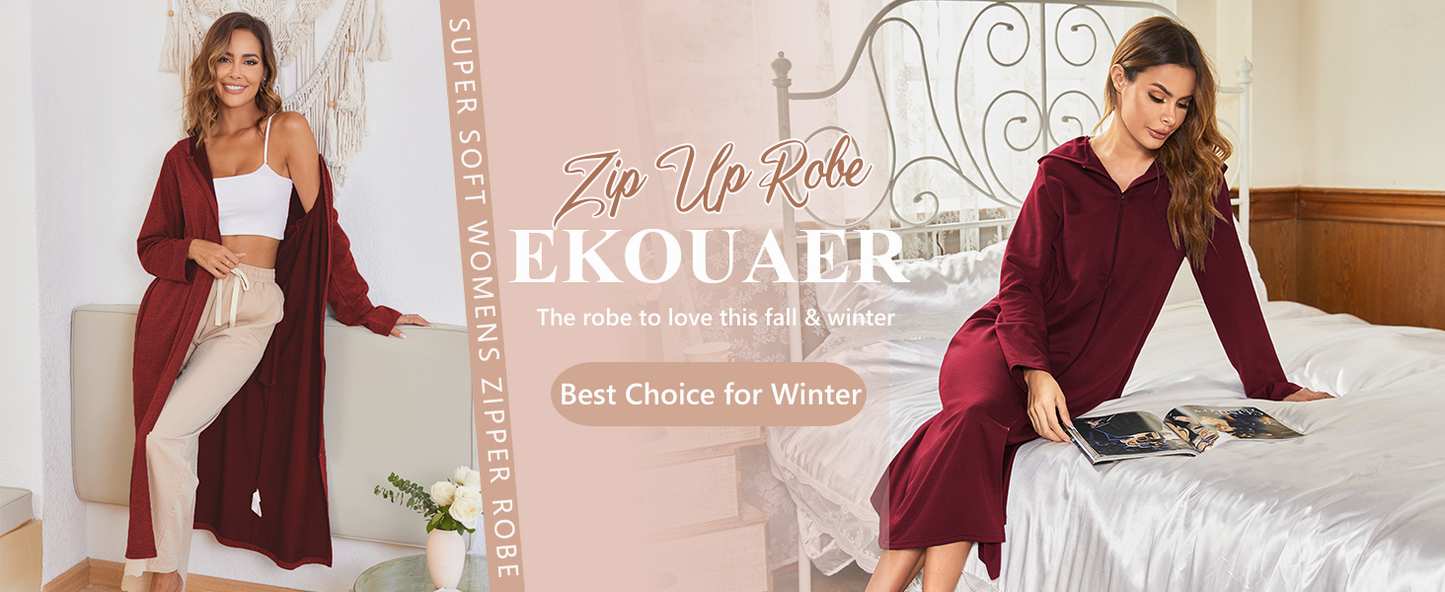 Ekouaer Robe for Women Zipper Robe Loungewear Full Length Sleepwear Pockets Housecoat Casual Straight Robe
