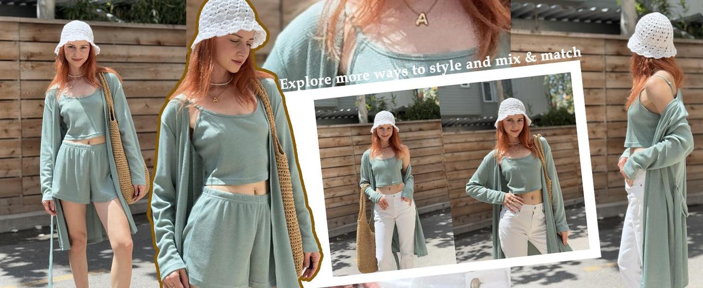 Ekouaer Pajamas for Women Set 3 Piece Lounge Set Soft Pajama Sets Waffle Knit Tank Top and Shorts Cardigan with Pockets