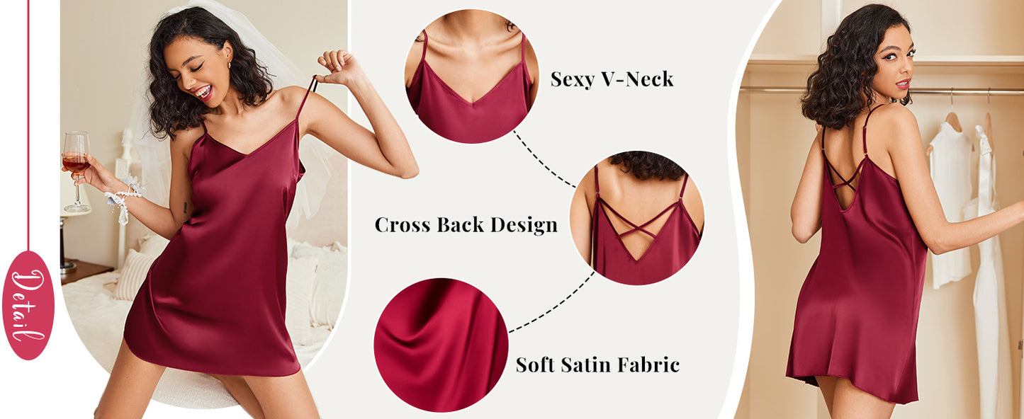 Ekouaer Lingerie for Women Silk Nightgown Satin Sleep Dress Sleeveless Sleepwear Mini Slip Chemise Purple M