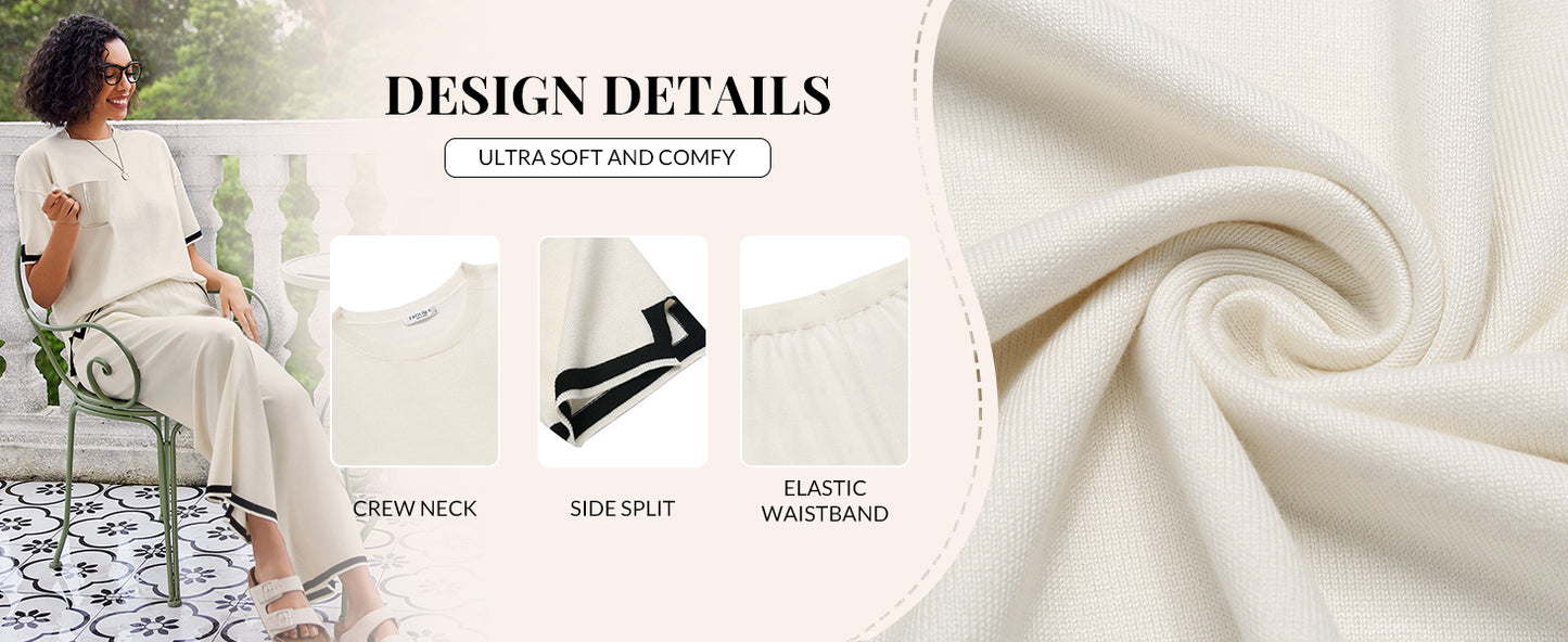 Ekouaer Lounge Set for Women Travel Outfits 2 Piece Sets Short Sleeve Sweater Top Wide Leg Long Pants Loungewear