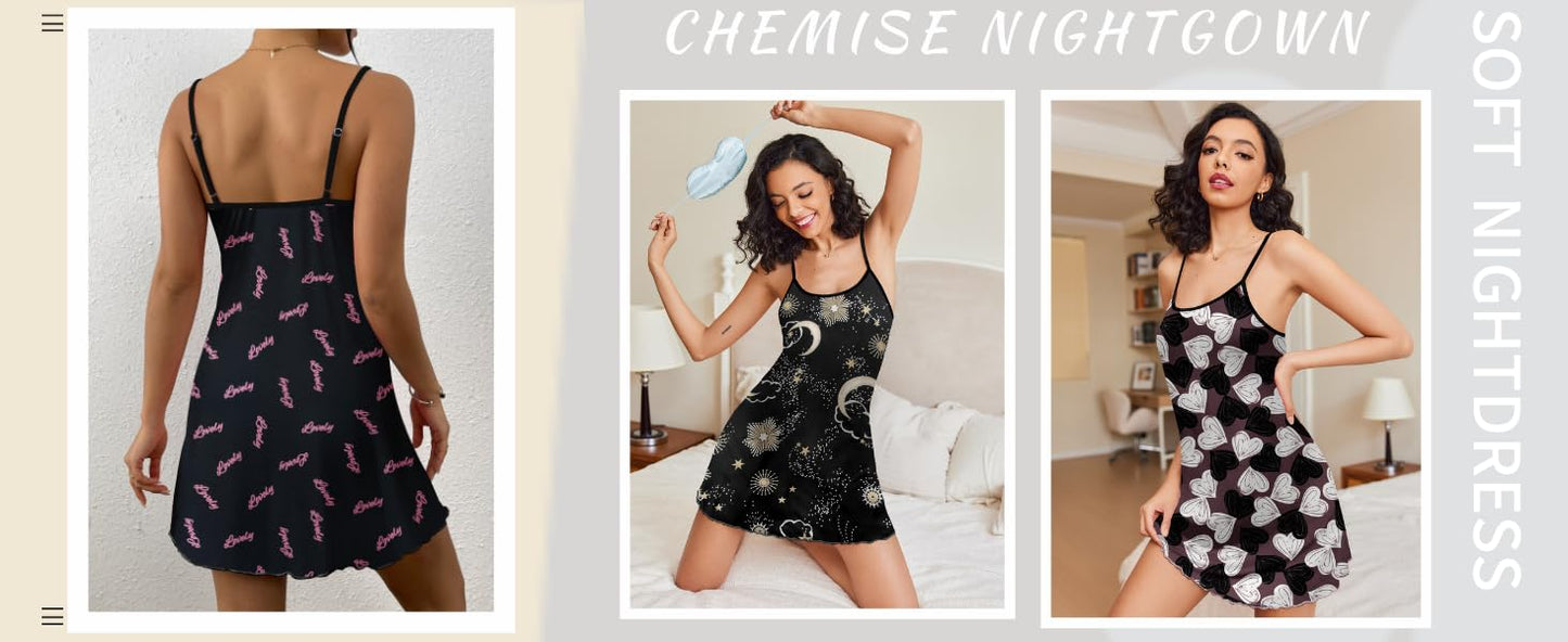 Ekouaer Womens Nightgown Pj Dress for Women Adjustable Spaghetti Chemise Sleeveless V Neck Sleepwear