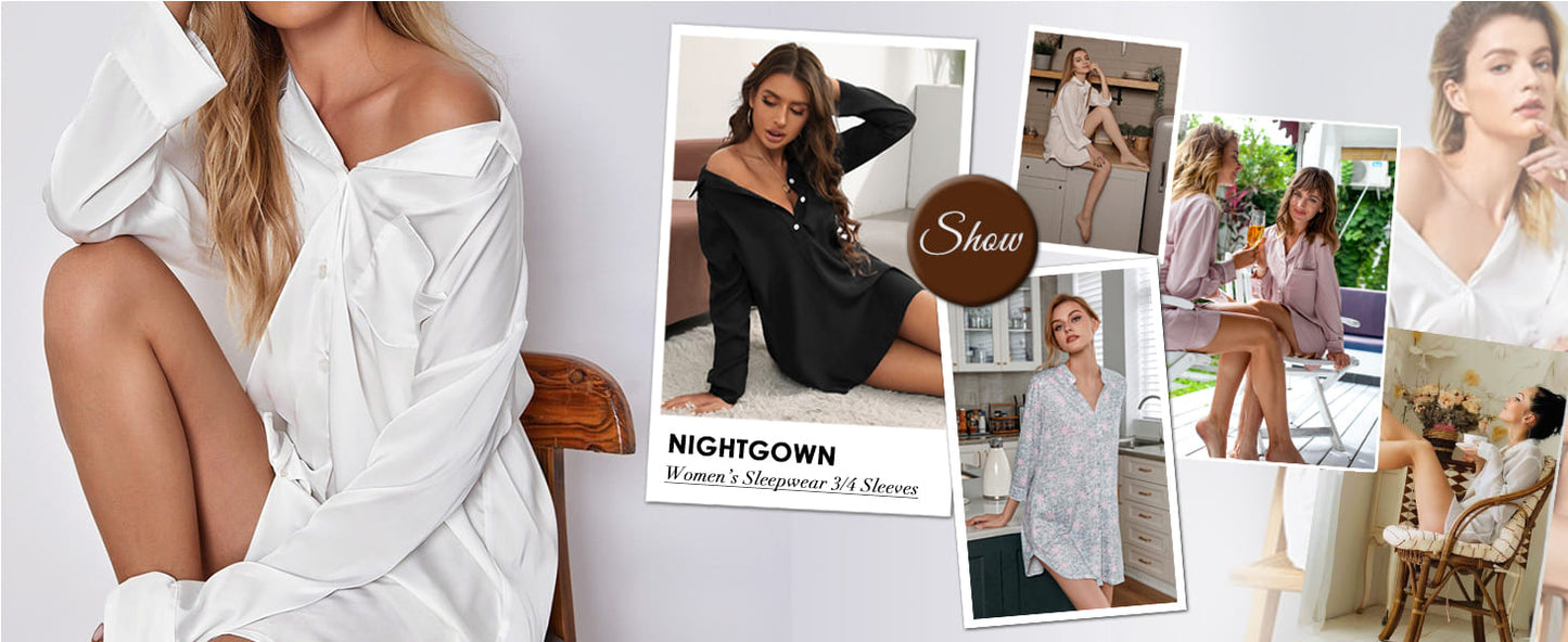 Ekouaer Women's Nightgown V Neck Striped Button Down Sleepwear 3/4 Sleeves Nightshirts Soft Button Sleep Dress