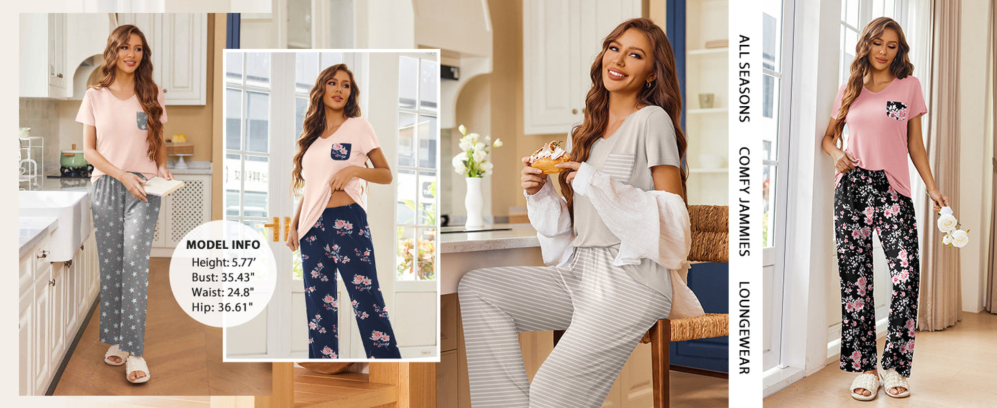 Ekouaer Pajama Sets for Women 2 Piece Short Sleeve Pj Sets With Long Printed Pants Sleepwear Casual Lounge Sets