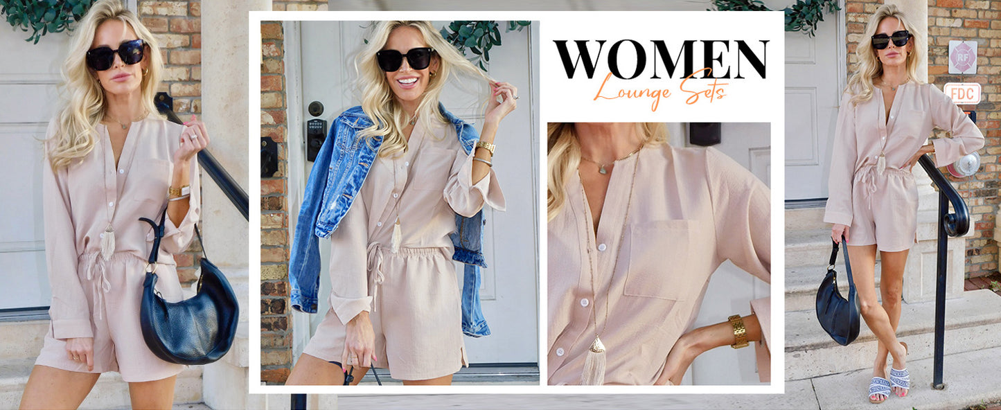 Ekouaer Summer Outfits for Women 2 Piece Sets Lounge Sets V Neck Button Down Shirt and Shorts Loungewear with Pockets