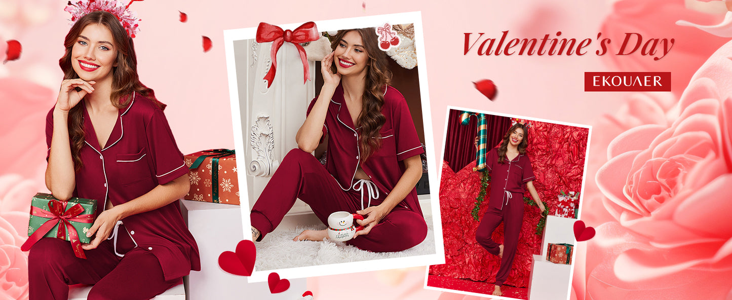 Ekouaer Women Pajama Set Short Sleeve Button Down Pjs Soft Comfy Sleepwear Nightwear with Jogger Pants