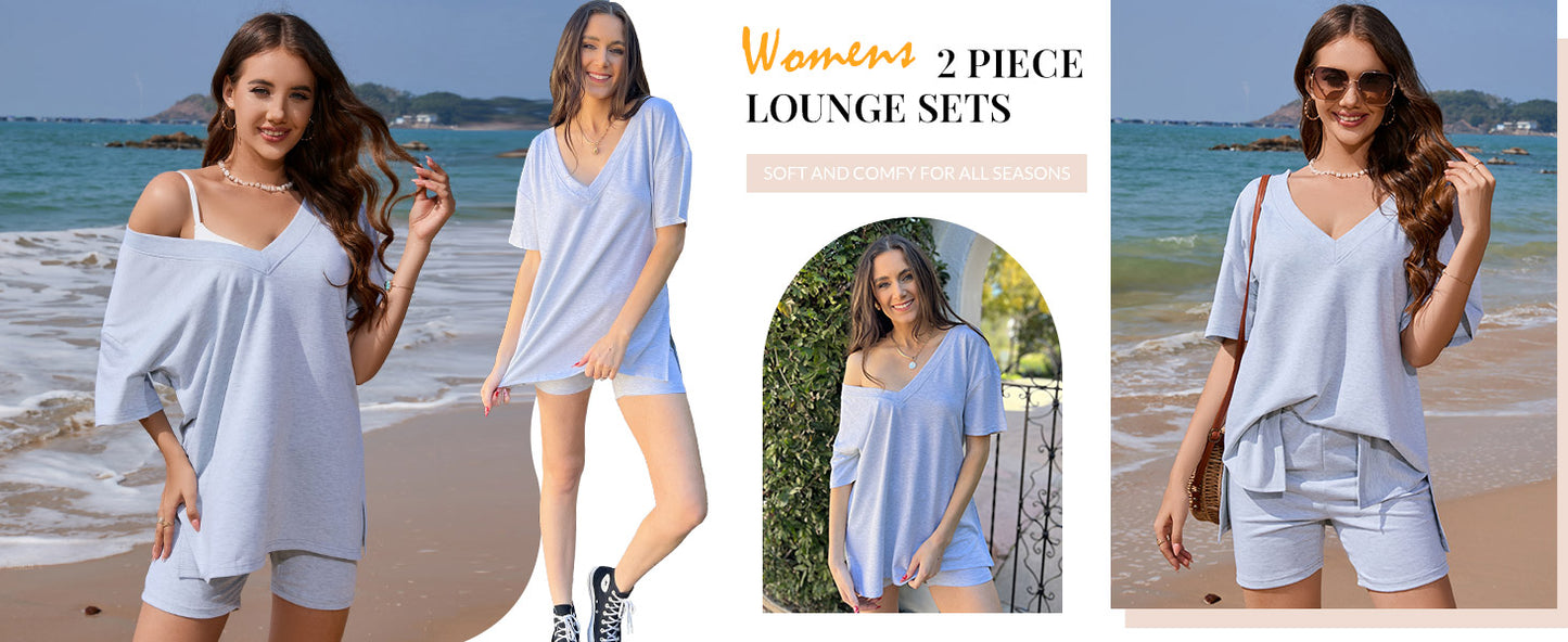 Ekouaer Womens Pajamas 2 Piece Lounge Sets Oversized V Neck T-Shirts Tops Biker Shorts Set Workout Reversible Tracksuit