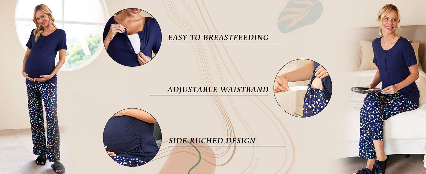 Ekouaer Women's Maternity Nursing Pajamas Sets Breastfeeding Printed Sleepwear Short Sleeve 2 Pcs Henley Top and Pants Set