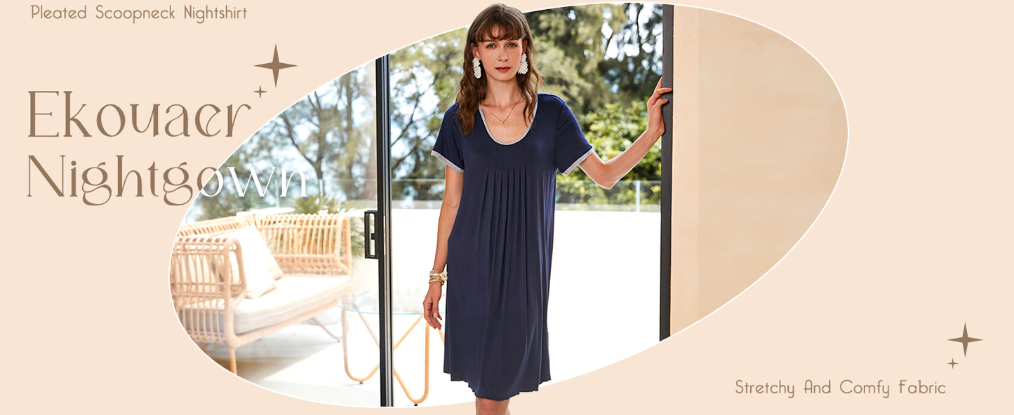 Ekouaer Women's Nightgown Short Sleeve Sleepwear Comfy Sleepshirts Pleated Scoopneck Nightshirt