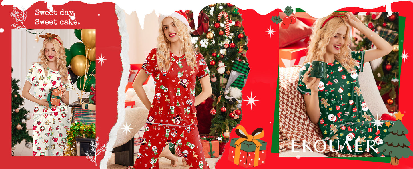 Ekouaer 2 Pack Women's Pajamas Short Sleeve Sleepwear Tops and Capri Pants Pjs