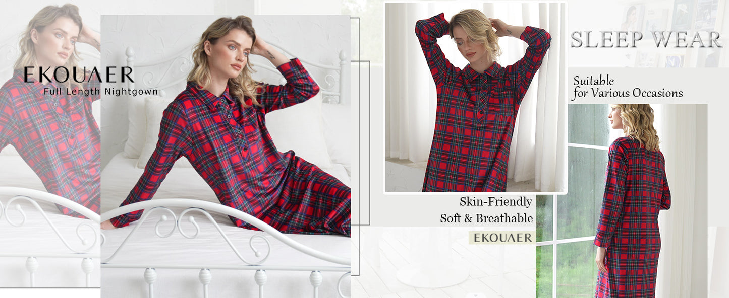 Ekouaer Women Flannel Nightgown Full Length Boyfriend Nightshirt Plaid Long Sleep Dress with Button Loungewear