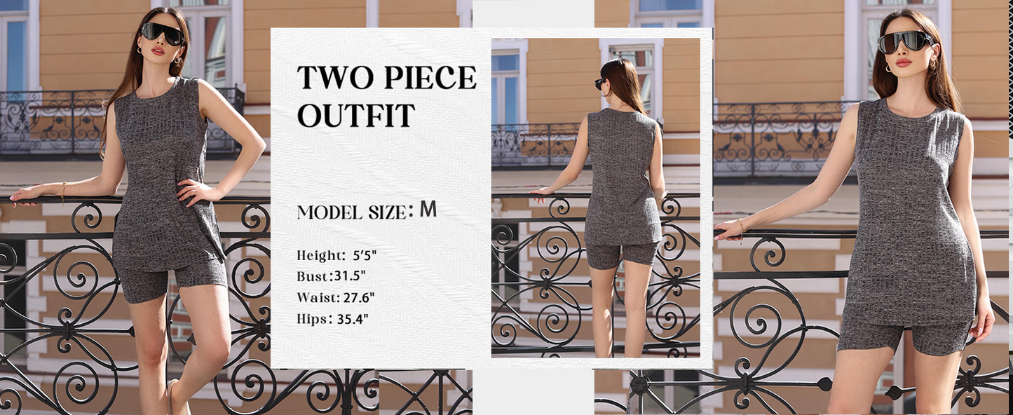 Ekouaer Womens 2 Piece Lounge Set Ribbed Knit Pajamas Sleeveless Sleepwear Biker Shorts Loungewear Outfit