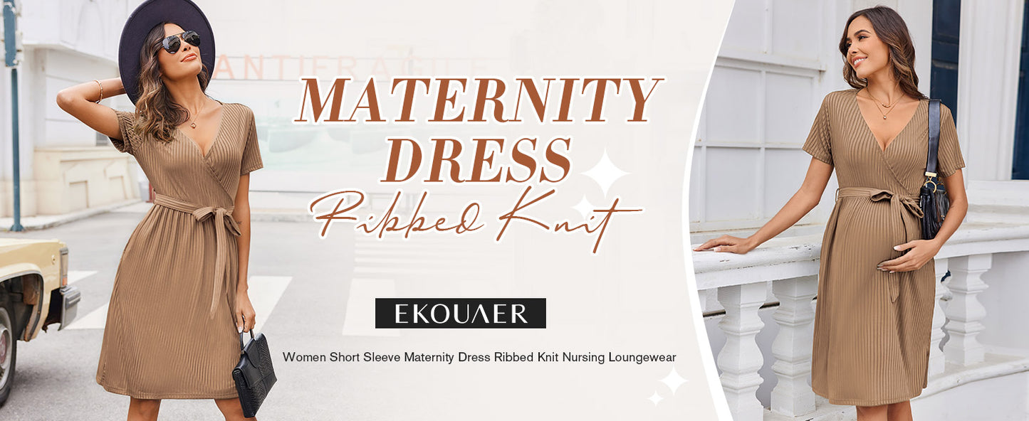 Ekouaer Women Short Sleeve Maternity Nursing Dress Casual V Neck Breastfeeding Loungewear Ribbed Knit Pregnancy Dresses