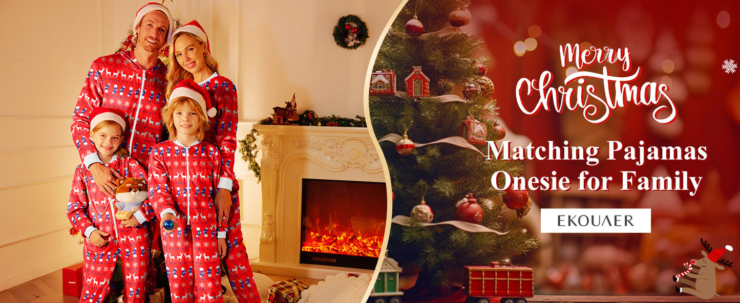 Ekouaer Christmas Onesie Matching Family Fleece Hooded One Piece Zipper Long Sleeve Pajamas with Pockets