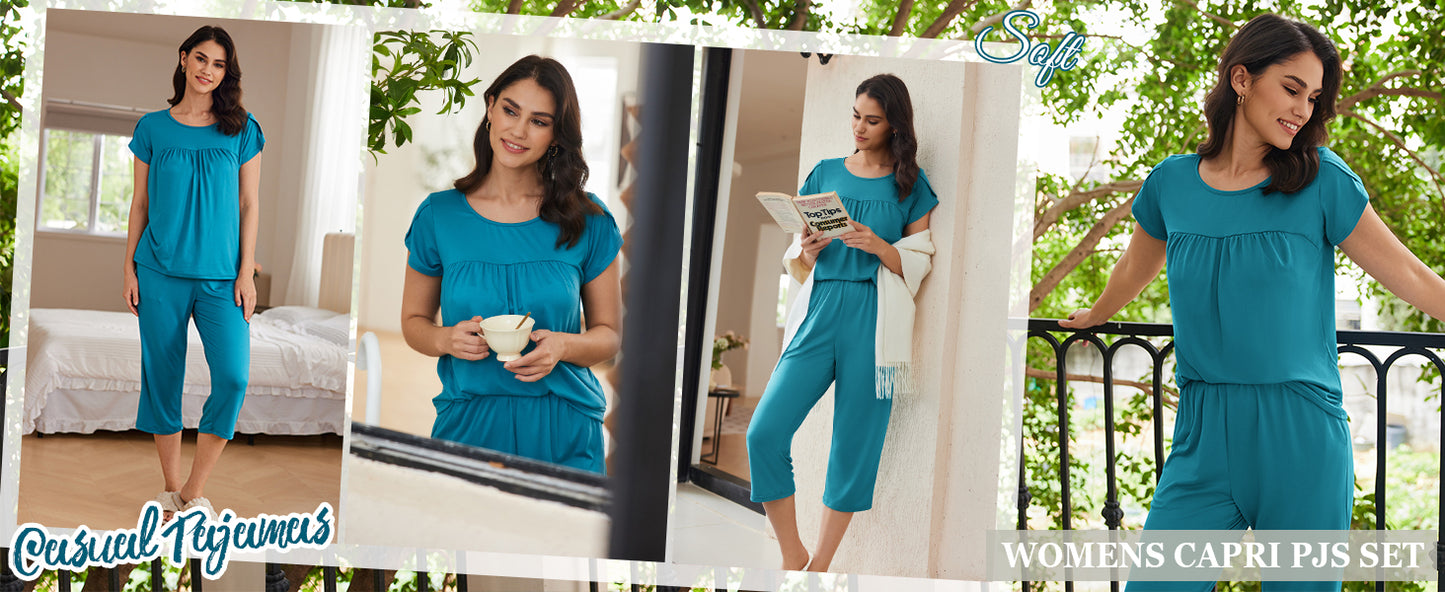 Ekouaer Womens Pajama Set Short Sleeve Sleepwear Pleated Floral Pjs Set Capri Pants Lounge Sets with Pockets