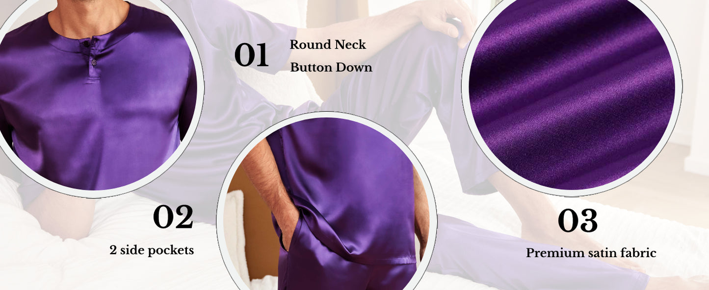 Ekouaer Mens Silk Satin Pajama Set Short Sleeve Sleepwear Silky Loungewear with Long Pants