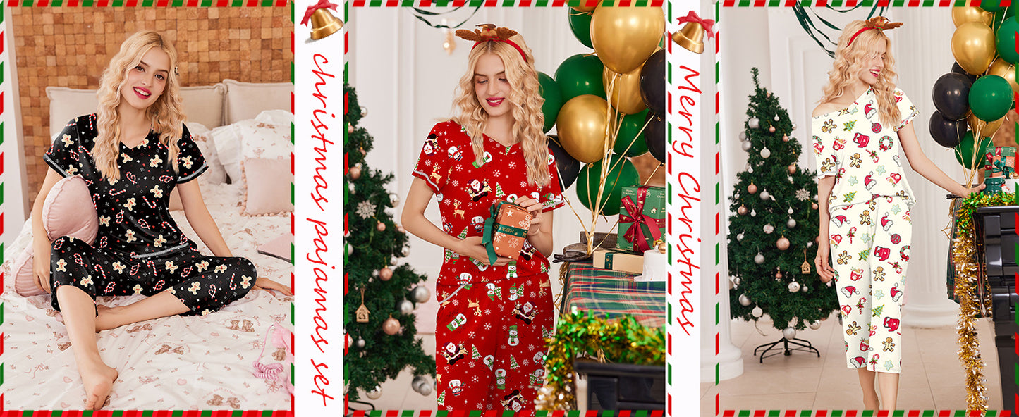 Ekouaer 2 Pack Women's Pajamas Short Sleeve Sleepwear Tops and Capri Pants Pjs