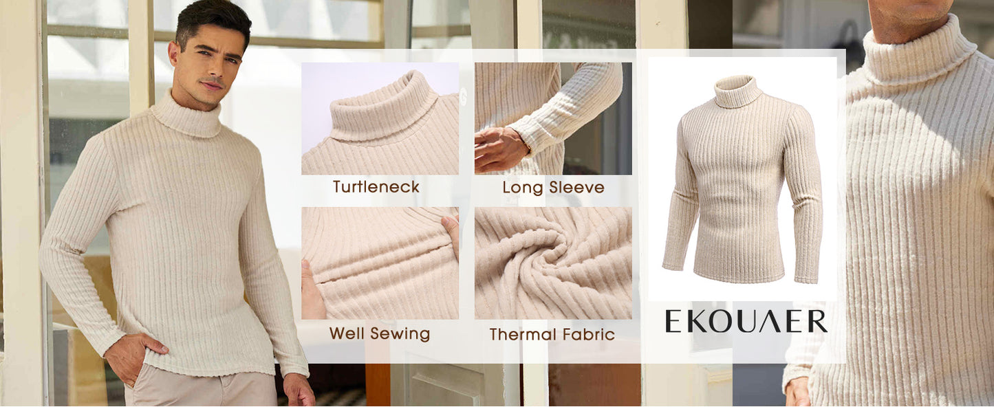 Ekouaer Mens Thermal Top Base Layers Turtleneck Long Sleeve Slim Fit Jumper Fall Winter Thermal Underwear Ribbed Lightweight