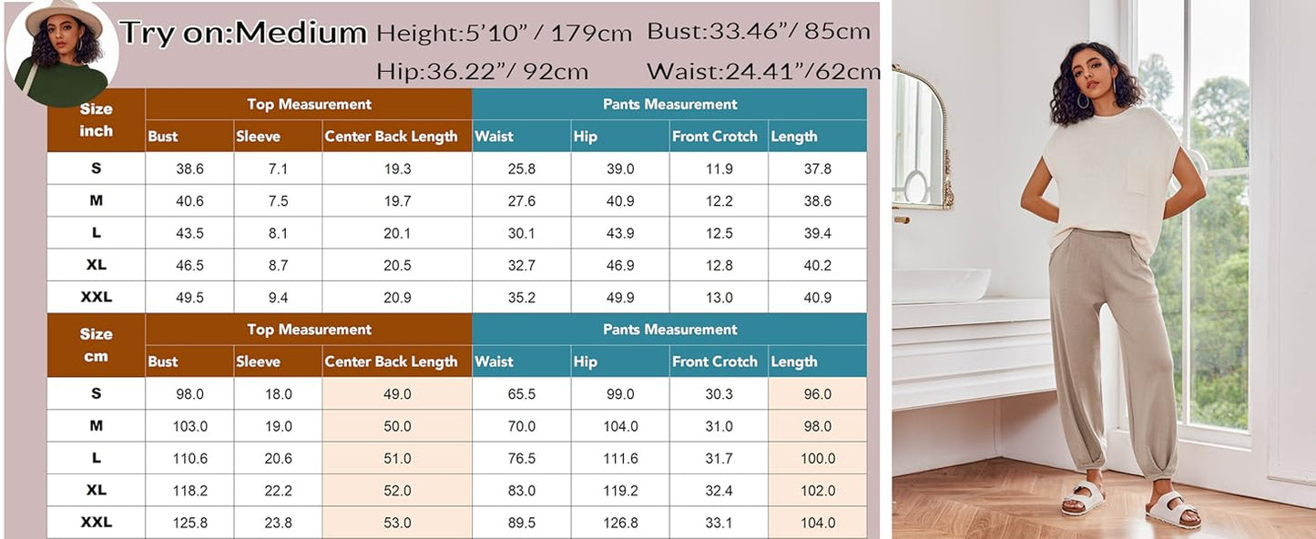 Ekouaer Two Piece Outfits Lounge Sets for Women Sweater Sets Knit Short Sleeve Tops Jogger Pants Matching Tracksuit