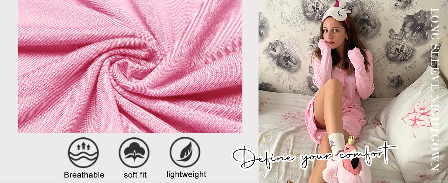 Ekouaer Button Down Nightgown for Women Long Sleeve Sleepwear V Neck Nightshirt Boyfriend Pajama Dress Sleep Dress