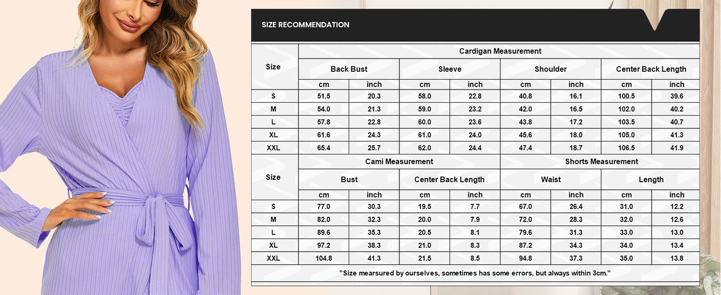 Ekouaer Rib Knit Pajamas Set for Women 3 Piece Lounge Sets Soft Cami and Shorts Pjs with Cardigan Loungewear