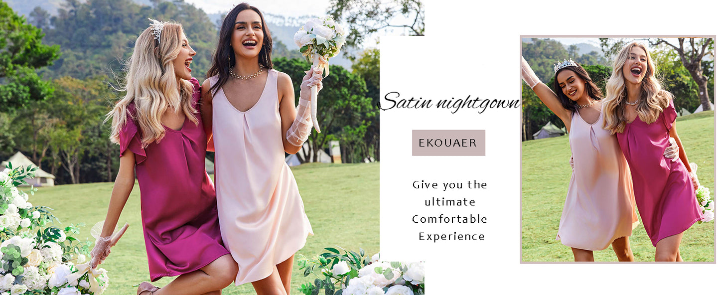 Ekouaer Women's Sleeveless V Neck Satin Nightgown