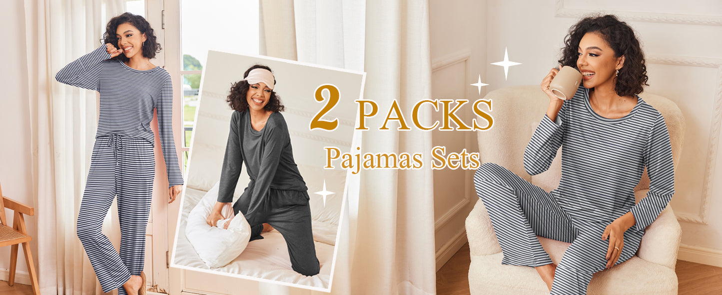 Ekouaer 2 Pack Women's Pajama Set Long Sleeve Top with Jogger Pants Lounge Sets Sleepwear Loungewear with Pockets