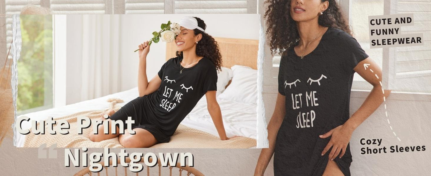 Ekouaer Womens Nightgown Short Sleeve Night Dress Printed Sleepwear Soft Sleep Shirt Black Sleep XL