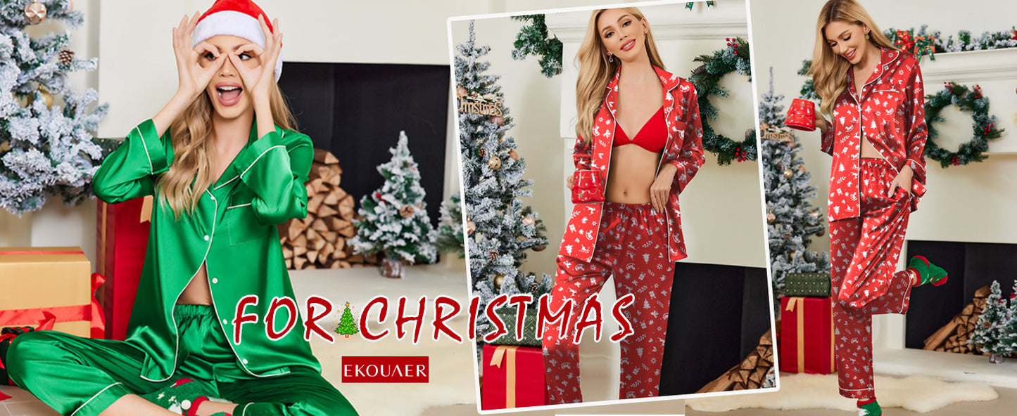 Ekouaer Silk Pajamas for Women Button Down Satin Pj Set Soft Long Sleeve 2 Piece Sleepwear Loungewear