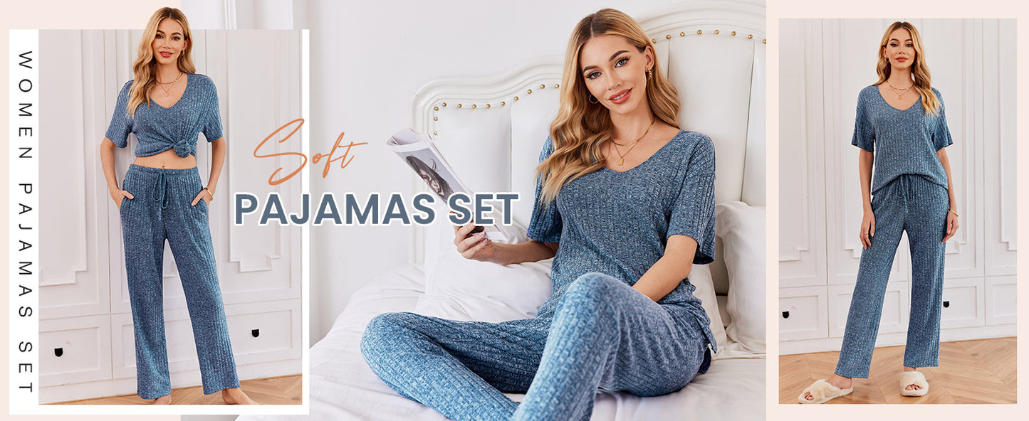 Ekouaer Pyjama Damen Herbst Schlafanzug Kurzarm Lang Hose Rippen Nachtw?sche