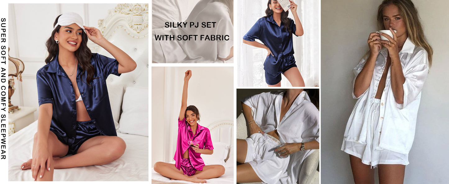 Ekouaer Pajamas for Women Silk Satin Pjs Soft Sleepwear Short Sleeve Button Down Pjs Top and Shorts 2 Piece Lounge Set