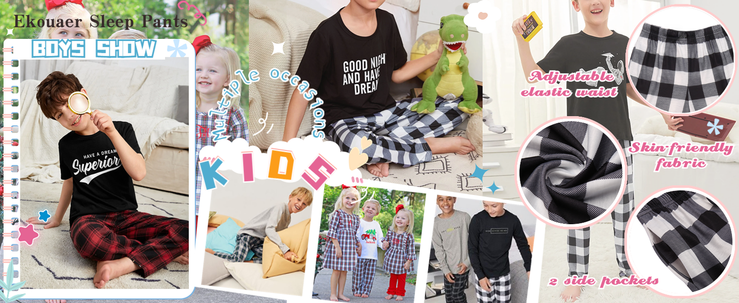 Ekouaer Boys Pajama Pants Long Sleep Soft Elastic Waist Bottoms Plaid Lounge With 2 Pockets 4-14 Years