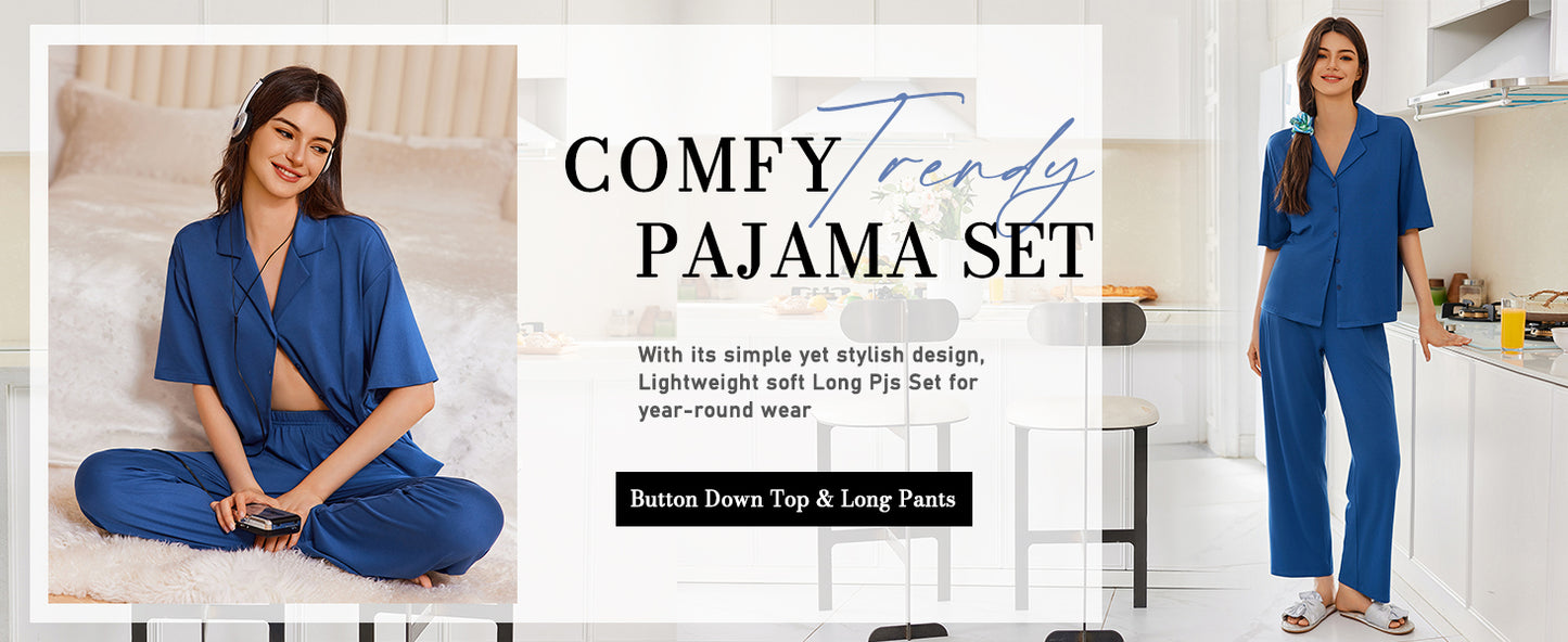 Ekouaer Women Pajamas Set Button Down Sleepwear Short Sleeve Pjs Soft Comfy Nightwear with Long Pants