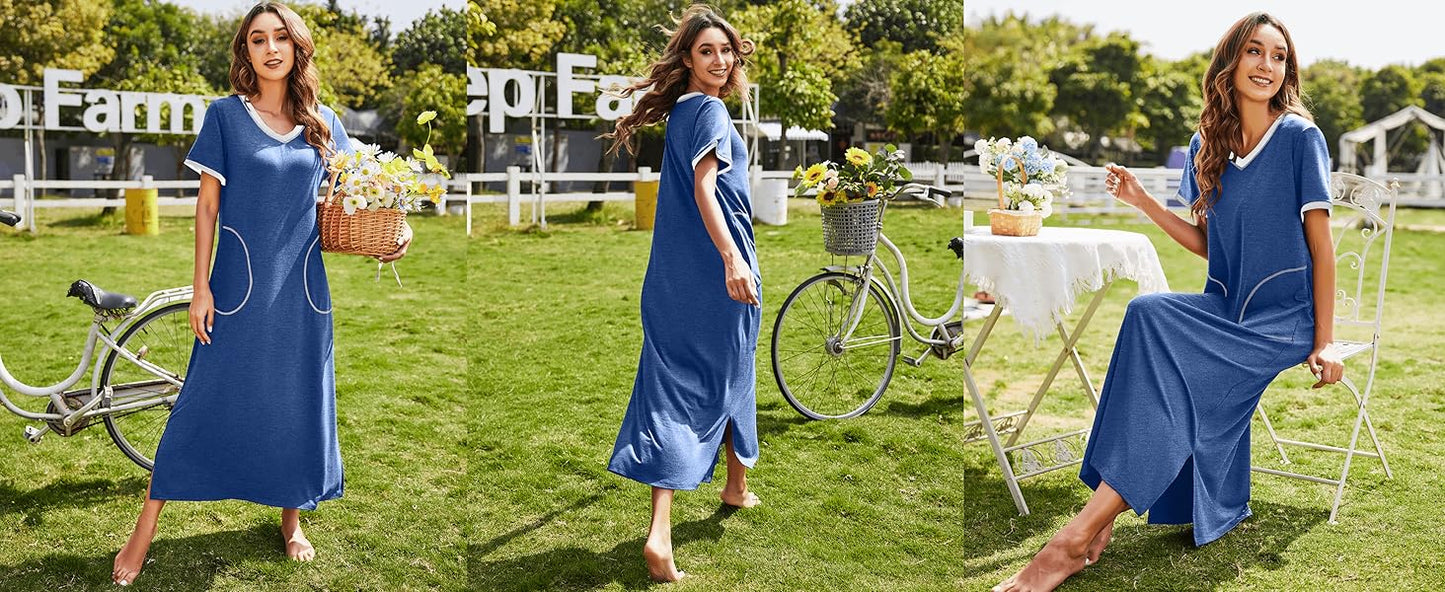 Ekouaer Women's Full Length Short Sleeve Nightgown