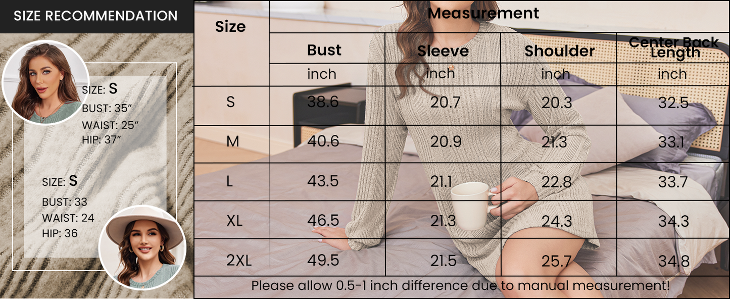 Ekouaer Women's Nightgown Long Sleeve Ribbed Knit Nightshirt Round Neck Sleep Shirt Soft Sweater Dress