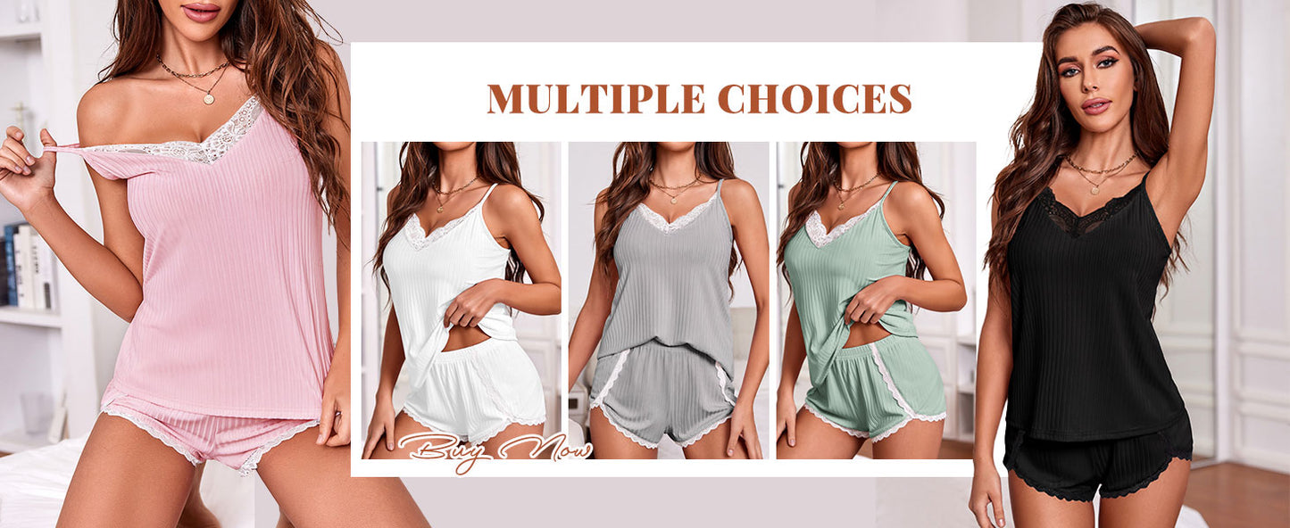 Ekouaer Womens Pajama Sets Soft Lingerie Sleepwear 2 Piece Cami Shorts Set V Neck Pj Lace Nightwear