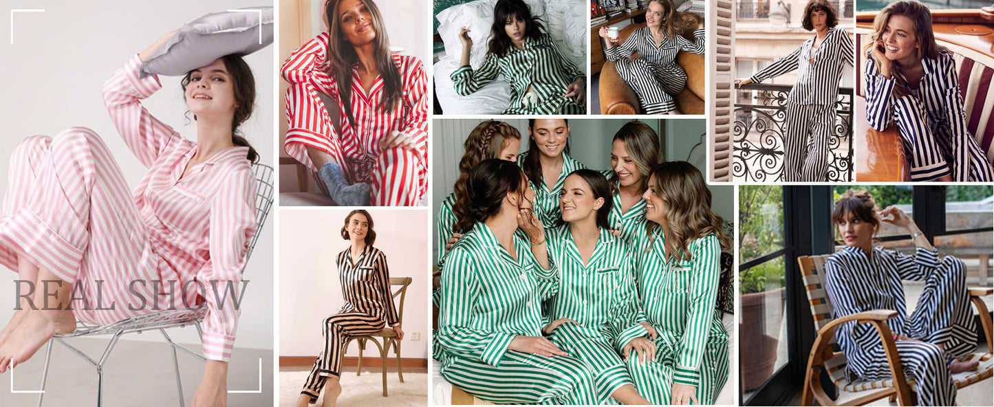 Ekouaer Womens Silk Satin Pajama Sets 2 Piece Sleepwear Pjs Set Long Sleeve Button Down Top and Pants Stripe Loungewear