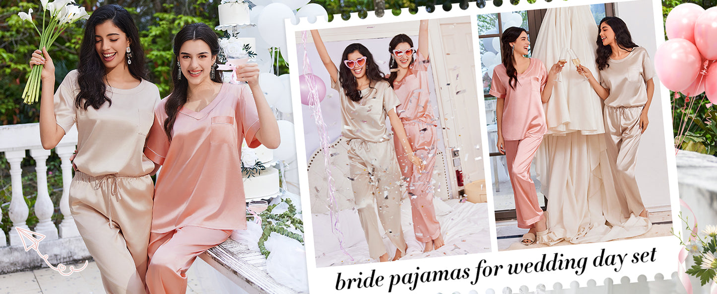 Ekouaer Womens Satin Silky Pajama Set Short Sleeve Shirt with Long Pajama Pant Set Soft PJ Loungewear