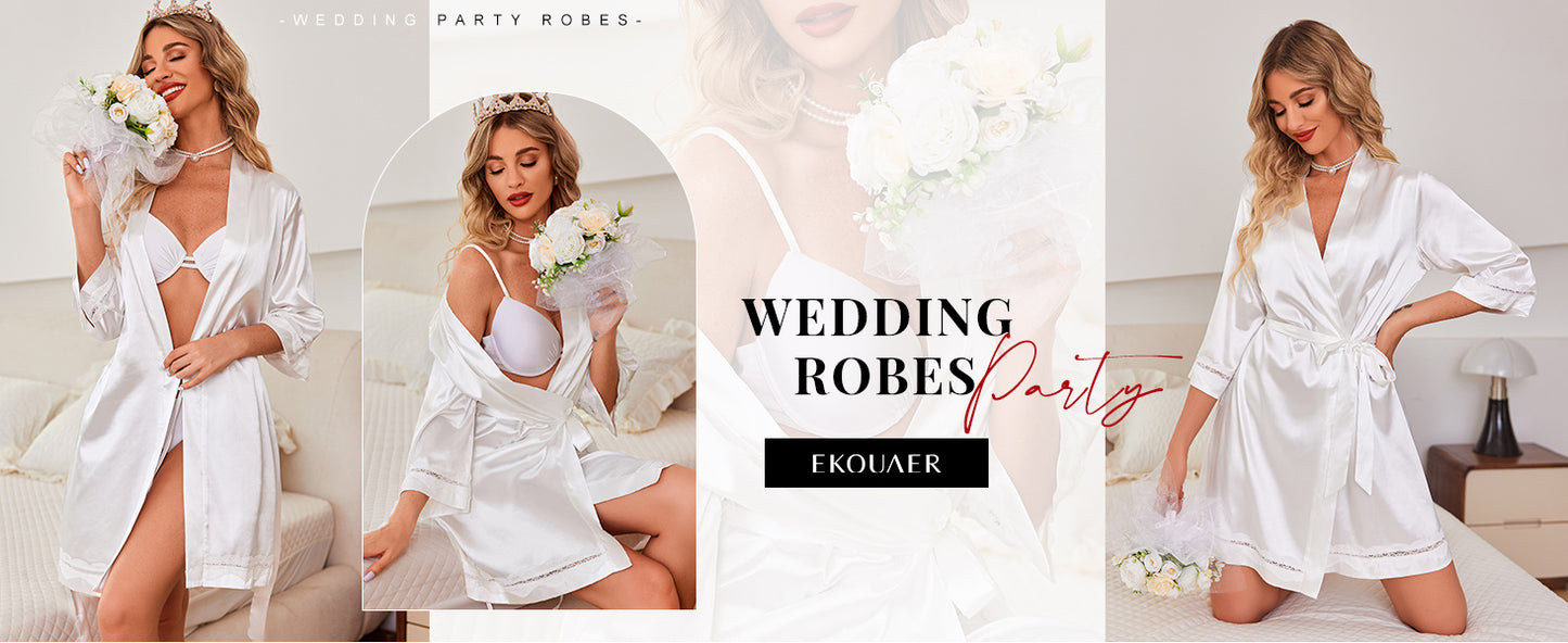 Ekouaer Women's Lace-Trim Silk Robes Bride Bridesmaid Satin Bathrobe V Neck Sleepwear with 3/4 Sleeve