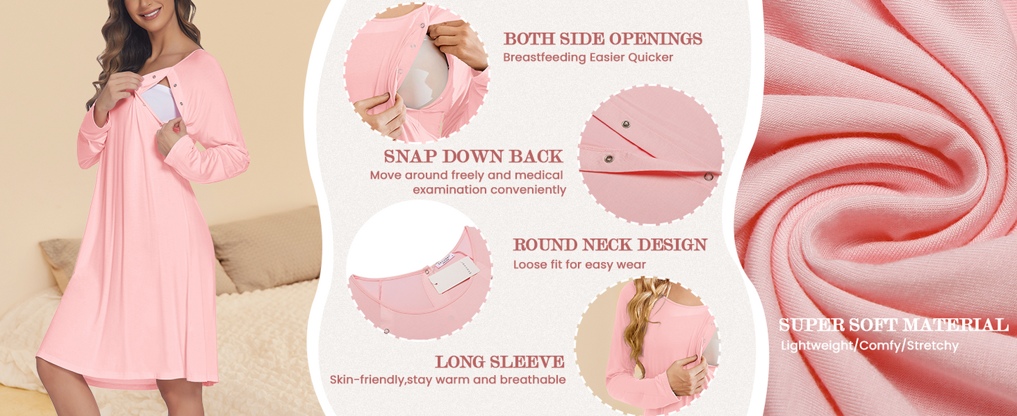 Ekouaer Women Maternity Nightgown Labor Delivery Nursing Gown Hospital Breastfeeding Dress Button Down Long Sleeve Sleepwear